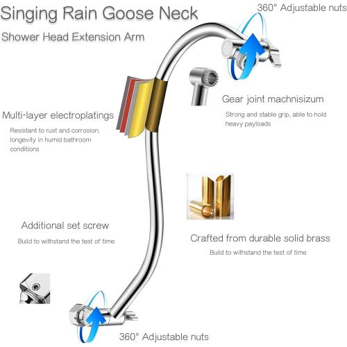 Size 15 inch Goose Neck Curved Extra Long Adjustable Shower Head Extension Arm With Locking Set Screw, Singing Rain Brass Angle Height Adjustable, G1/2 Universal Connector Compatible (Chrome Finish)