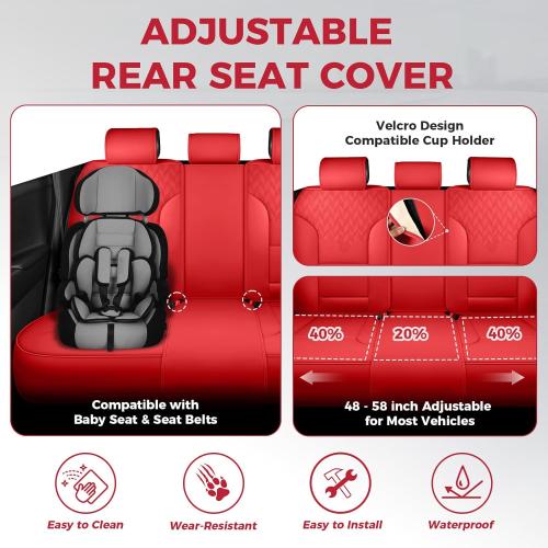 Red Car Seat Covers Full Set - Breathable Faux Leather Universal 5 Seat Covers for Cars, Automotive Protector Fit for Most Sedan SUV Pick-up Truck