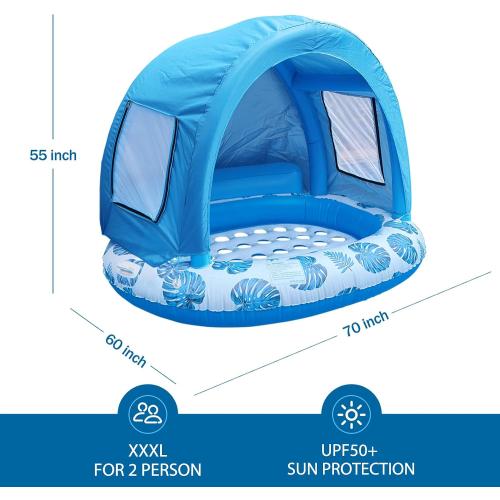 Inflatable Pool Float with Canopy Shade, Extra Large Floating Island, Cup Holder, Tropical Leaf Design