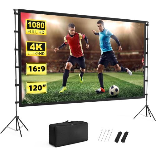 Projector Screen Outdoor, Vamvo Projector Screen with Stand Portable 120 Foldable ProjectorScreen, 10 Feet Indoor Movie-Screen with Carrying Bag for Home Theater Backyard Movie Night