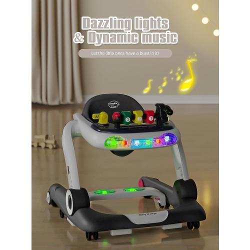 Music and Lights Baby Walker with Wheels, 6 in 1 Baby Activity Center w/Ergonomic backrest Design, Baby Walkers for Boys w/Foot Pads, Music Bouncer Walkers for Boys Girls Babies 6-18 Months, D Grey