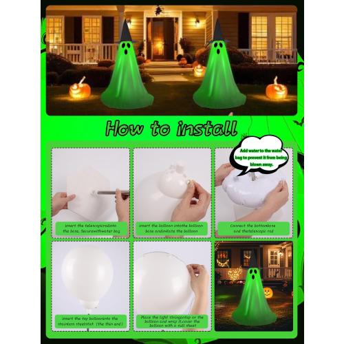 Halloween Light Up Ghost Kit - 2 Pack DIY Halloween Decorations Spooky Ghost Decor with 20 LED Lights Battery Operated,Adjustable Height,Hat,for Outdoor Indoor Porches Yards Gardens Lawn (Green)