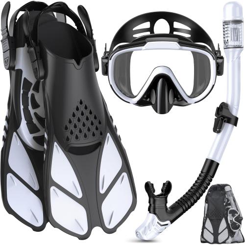 Snorkeling Gear for Adults Men Women,4 in 1 Snorkel Set with Panoramic View Diving Mask Anti-Fog Anti-Leak,Dry Top Snorkel,Fins and Travel Bag for Swimming,Snorkeling and Travel Diving