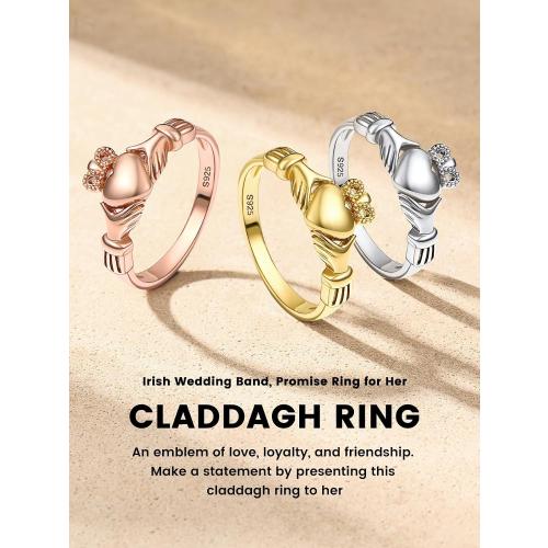 Bestyle 925 Sterling Silver Ring for Women, Minimalist Claddagh Ring Celtic Knot Ring for Women, Irish Promise Wedding Band, Gold/Rose Gold Vermeil Women Band Ring, Stackable, Gift for Her