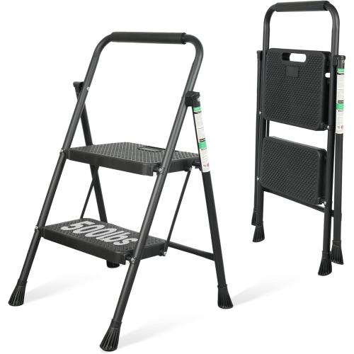 2 Step Ladder, Protable Steel Folding Stool with Wide Anti-Slip Pedal, 500lbs Sturdy Steel Ladder, Black