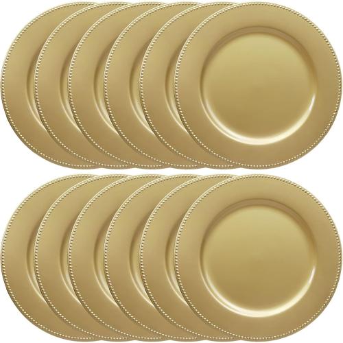 Set of 12 Gold Charger Plates with Beaded. 13 Reusable Plastic Table Chargers for Dinner Plates