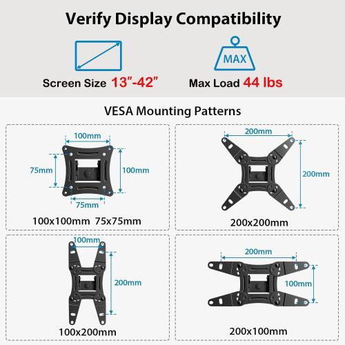 Pipishell Full Motion TV Wall Mount for Echo Show 21/15 and 13-42 Inch Flat Curved Screen TVs & Monitors, Max VESA 200x200mm up to 44lbs, TV Mount Wall Bracket with Rotation Swivel Tilt Extension
