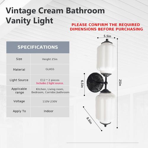 Vintage Milk Glass Bathroom Vanity Light - 2-Light Wall Sconce with Brass Finish Base & Green Glass Shade - Wall Sconce Lighting for Mirror, Kitchen, Living Room, Gallery (Bulbs Included) (white)