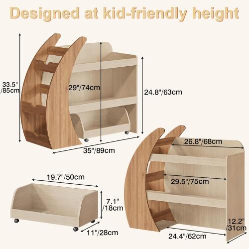 Kids Bookshelf with Toy Storage and Movable Drawer, Wooden Montessori Bookcase Organizer for Toddlers and Children