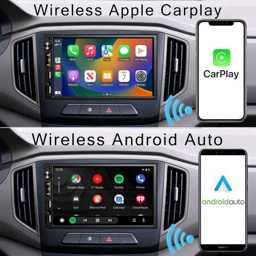 Wireless 7 inch Double Din Car Stereo with Apple Carplay,Bluetooth FM Car Radio,Backup Camera,HD IPS 1024 * 600 Touch Screen,Mirror Lin,Build-in Mic/USB/AUX/Android Auto/SWC/Audio