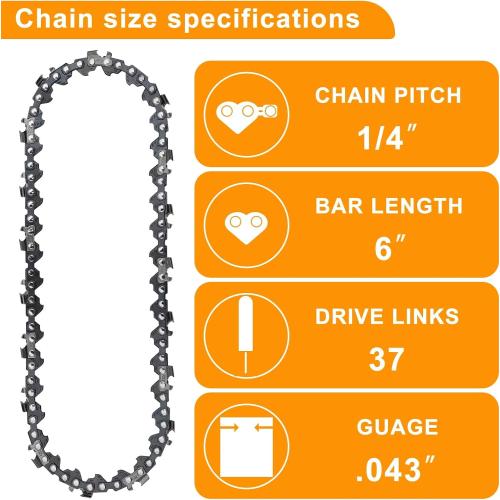 6-Pack Mini Chainsaw Chain 6-Inch: 1/4 LP Pitch, 0.043 Gauge, 37 Drive Links - Durable Replacement Chains for Cordless Electric Portable Chainsaws - Manganese Steel for Tree & Wood Cutting