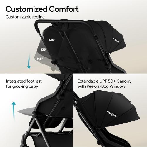 Mompush Lithe Double Stroller for Infant and Toddler, Lightweight Side by Side Twin Stroller, Only 25 lbs, 30-Inch Slim Fit Through Doorways, One-Step Fold, Independent Recline, UPF 50  Canopy