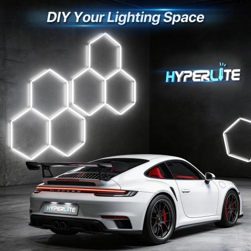 HYPERLITE Gen 2 Hexagon Garage Light, Upgraded 3 Level Dimmable 581W 58100LM Super Bright Garage Detailing Lights, 22 Grids Hexagon Shop Lights, Hex LED Lights for Basement, Gym, Barber