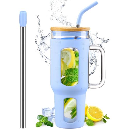 Glass Tumbler with Lid and Straw, 46 oz Iced Coffee Cup with Handle, Large Water Bottles with Silicone Sleeve, Glass Cup with Straws - Pearl Straw & Drinking Straw BPA Free-Glacier