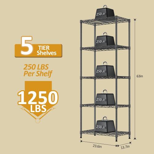 IZEUK 5-Shelf Adjustable Steel Wire Storage Shelving Unit, 13.7 D x 23.6 W x 63 H, 1250 lbs, Black, Heavy Duty Metal Storage Rack for Home & Garage Shelving Organizer