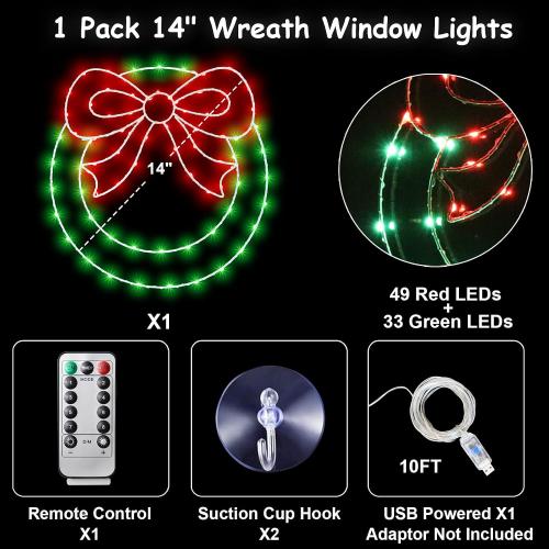 CESOF Christmas Wreath Window Lights Decorations, 14 Lighted Christmas Wreath with Bow, Remote Control Timer USB Powered Window Silhouette Lights for Home Door Wall Home Winter Xmas Party Decor
