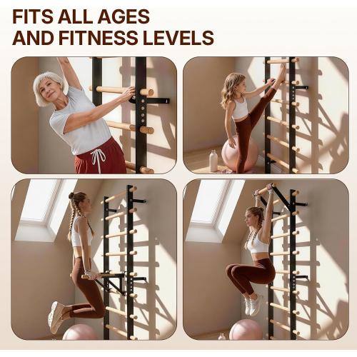 GMWD Swedish Ladder, Stall Bar, Suspension Trainer with Pull-Up Bar and Dip Bar Attachments, Wooden Stall Bar with 9 Strategic Rods for Core Strengthening and Stretching Balanced for Body Exercises