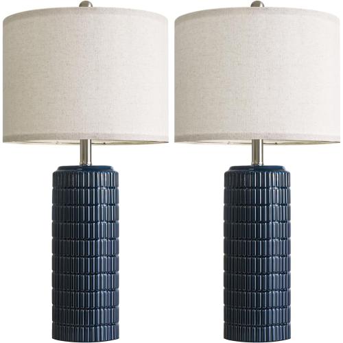 PoKat 27.5'' Tall Table Lamps for Living Room Set of 2, Ceramic Bedroom Lamps for Night Stands, Modern Bedside Lamps for Bedroom Living Room, Nightstand Lamps for Side End Table Hallway, Blue