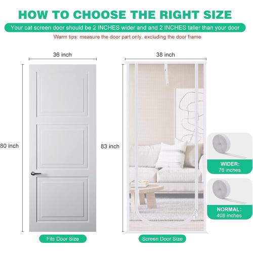 Reinforced Cat Screen Door, 38X83” Heavy Duty Pets Proof Screen Door with Bilateral Zipper, Prevent Dogs Cats Running Out from Home, Bedroom, Living Room, Kitchen Patio Door (White)