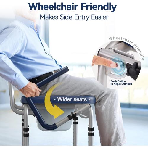 Drop Arm Bedside Commodes for Seniors, Potty Chair for Adults | Portable Commode Toilet with Padded Seat and Backrest, 400lbs Capacity, Height Adjustable, 6.3QT Bucket & Splash Guard, Blue