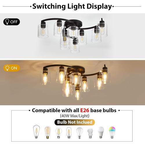 Semi Flush Mount Ceiling Light Fixtures, Black Kitchen Light Fixtures Ceiling Mount, 9 Light Industrial Ceiling Lights with Clear Glass Shade for Bedroom Hallway Living Room