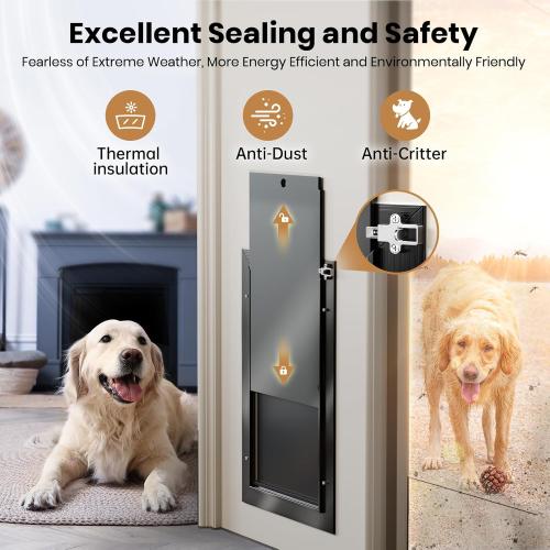 Black All Aluminum Dog Door for Exterior Door, Large Doggy Door, Heavy Duty Pet Door, Double Magnetic Flaps, Thermal Tnsulation, Energy Efficient, Sliding Lock Panel (Pets Up to 110Lb).