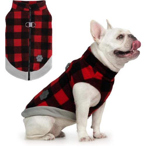 Mihachi Dog Fleece Vest Sweater Zip Up Warm Pullover Step-in Dog Jacket with Dual D-Ring Leash, Winter Cold Weather Reflective Coat Clothes Hoodie for Small Medium Dogs Puppy Cat Boy Girl,Plaid S