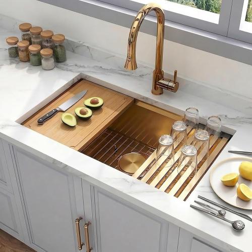 Gold Undermount Kitchen Sink, 16 Gauge T-304 Stainless Steel All In One Workstation Sinks With Full Set Accessories, 30 x 18 x 10 Large and Deep Handmade Single Bowl Kitchen Sinks