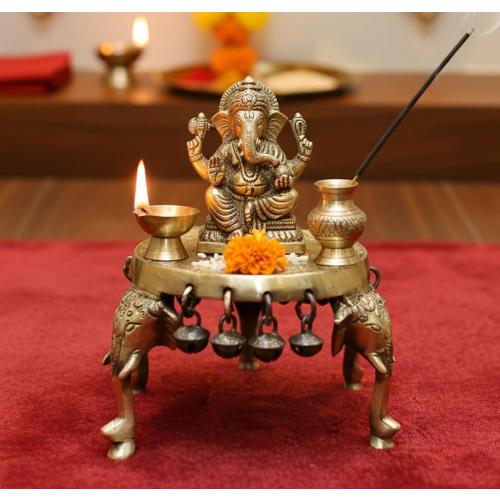 eSplanade Brass Round Mandir Chowki | Elephant Pillars Pooja God Stool with Ghungroo