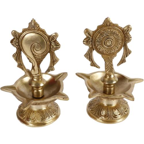 Size 6.5 Brass Shankha Chakra Villaku Shankh and Chakra Traditional Oil Lamp 6.5 Inch