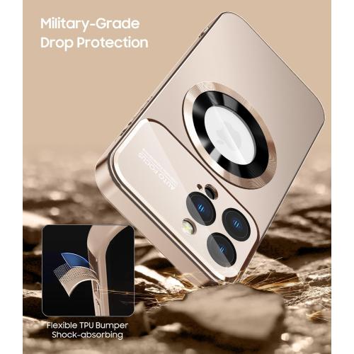 Magnetic for iPhone 14 Pro Max Case, Compatible with MagSafe, Built-in Camera Lens Protector, Logo View, Military Grade Drop Proof Phone Case Cover, Desert Titanium