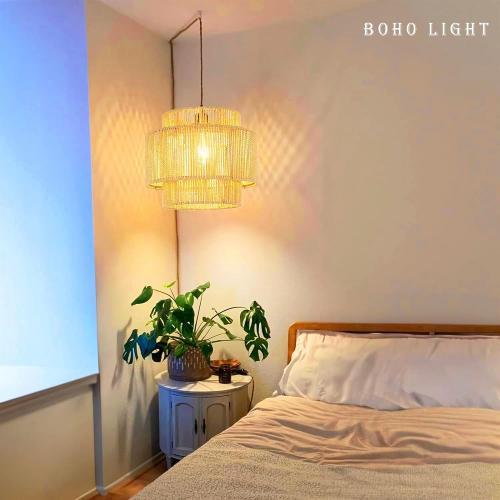 QIYIZM Plug in Pendant Light Hanging Lights with Plug in Cord Hanging Lamp Boho Rattan Dimmable Wicker Bamboo Woven Shade Hemp Rope Ceiling Light Fixture for Living Room Bedroom Kitchen