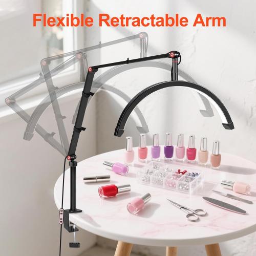 Professional LED Desk Lamp, Half Moon Light for Desk with Clip&Phone Holder, Esthetician Light with Adjustable 10-Level Dimming & 3 Color for Work,Office,Makeup,Nail Salon,Tattoo,Craft (Black)