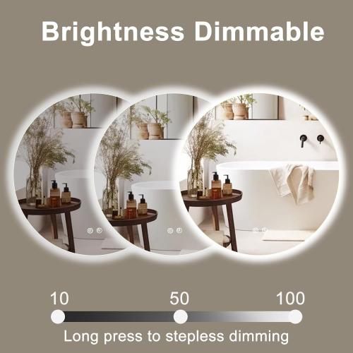 32 Inch Round LED Bathroom Mirror Backlit Anti-Fog Wall Mounted Lighted Bathroom Vanity Mirror 3 Colors Light Dimmable Smart Makeup Mirror with Touch Switch