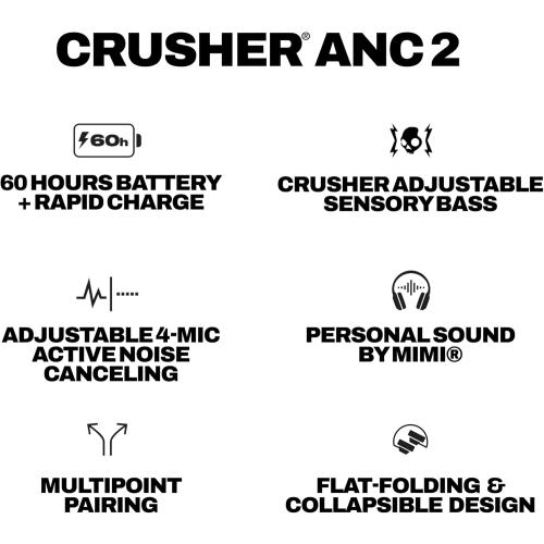 Skullcandy Crusher ANC 2 Wireless Over-Ear Bluetooth Headphones with Multi-Sensory Bass, Active Noise Cancelling, Up to 60 Hours Battery, Microphone for iPhone Android - True Black