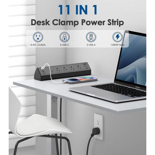 Jgstkcity Desk Clamp Power Strip USB C,40W Total Fast Charging Station,4 PD 20W USB C Ports,Desk Edge Mount Surge Protector,5 Outlets,Fit 1.96 Tabletop Edge,ETL Listed