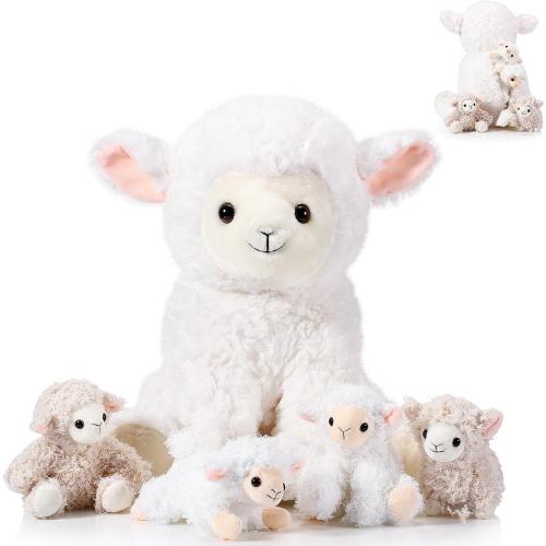 Lenwen 5 Pcs Lamb Stuffed Animal Toys Sets, 14 Inch Mommy Lamb Plush with 4 Cute Babies in Her Zippered Tummy Soft Cuddly Sheep Plushie for Farm Christmas Birthday Easter Gifts(Lovely Style)