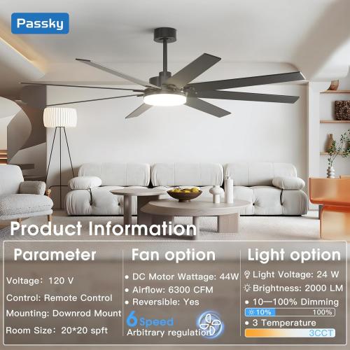 Size 72 inch Color Black Ceiling Fans with Lights, Large Modern Ceiling Fan with Light and Remote Control, Reversible, 3CCT, Dimmable, Quiet, Black Ceiling fan For Bedroom, Living Room, Patio Farmhouse, Indoor/Outdoor
