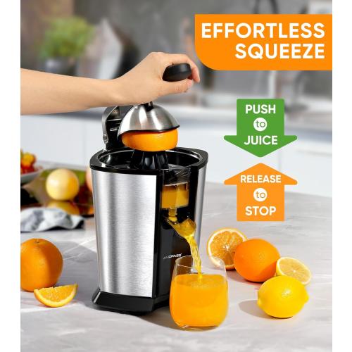 Electric Orange Juicer, Citrus Juicer Squeezer with 2 Cones and Soft Grip Handle for Effortless Juicing, Stainless Steel Quiet Orange Juice Extractor Machines for Lime Grapefruit Lemon