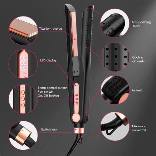 Cool Airflow Styler, Titanium Flat Iron Hair Straightener, Professional Curling Iron with Cooling Air Vents to Lock in Style, 5 Temps & Dual Voltage, Auto Off(Black & Coral).
