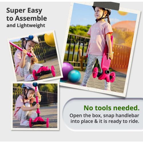 Kicksy - Kids Scooter - Toddler Scooter for Kids 2-5 Adjustable Height - 3 Wheel Scooter for Kids Ages 3-5 Boys & Girls - Kids Three Wheel Scooter with Light Up LED Wheels