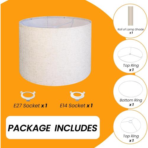 Modern Drum Lamp Shade – 11.8x11.8x13 Beige Linen Lampshade with Spider & E26 to E12 Fitter for Table and Floor Lamps