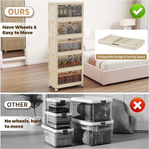 WHITE 5 Tier - 48QT Storage Bins with Lids, Collapsible Storage Bins with Doors and Wheels, Plastic Storage Cabinet for Easy Storage and Organization for Living Room, Office