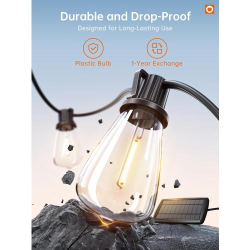 addlon 72FT Solar String Lights Outdoor, Waterproof Solar Powered Outside Lights with Remote & USB Port, ST38 LED Shatterproof Bulbs, Dimmable Solar Light for Camping Backyard Porch