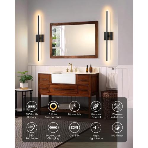 CLY Battery Operated Wall Sconce Set of 2: Rechargeable Wall Lights Wireless Sconces with Remote, 350° Rotate Dimmable Magnetic Wall Scone Lighting Decor for Bedroom Living Room Hallway, 28Inch