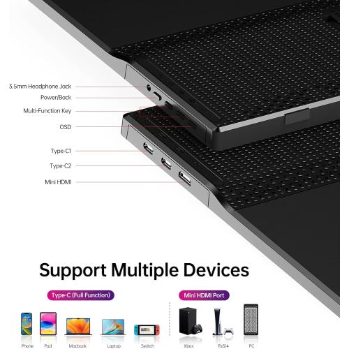 WCV Portable Monitor 15.6 Inch 1080P USB-C HDMI Ultra-Slim Travel Monitor with Kickstand, for Laptop, PC, Mac Phone, PS, Xbox, Swich IPS Ultra-Thin Zero Frame Gaming