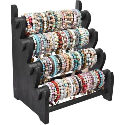 Ikee Design Antique Wooden 4 Tier Jewelry Bracelet Display Stand Bangle Scrunchie Organizer Holder for Store, Showcase and Home Storage, 12 W x 9 D x 14 H, Black Color