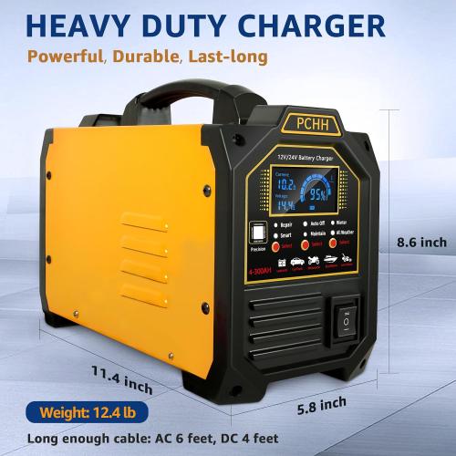 Yellow 12V 24V Car Battery Charger Heavy Duty, 0-15A Automatic Battery Maintainer, Smart Trickle Charger with Auto Shutoffs, Repair, Winter Mode, for Automotive Car Truck Motorcycle RV AGM Deep Cycle