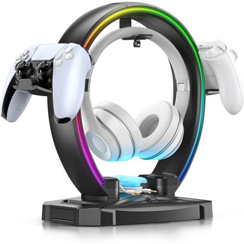 KDD RGB Headphone & Controller Stand with 9 Light Modes - Foldable Controller Hanger for Desk - Earphone Stand with Cable Organizer - for Gamers Desktop Accessories