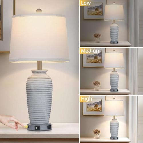 CINSARY 25 Vintage Farmhouse Jar Table Lamps, Single Rustic Bedside Lamp with USB A C Ports & AC Outlet, Nightstand Lamps for Living Room, Bedroom, End Table, Grey White(LED Bulb Included)